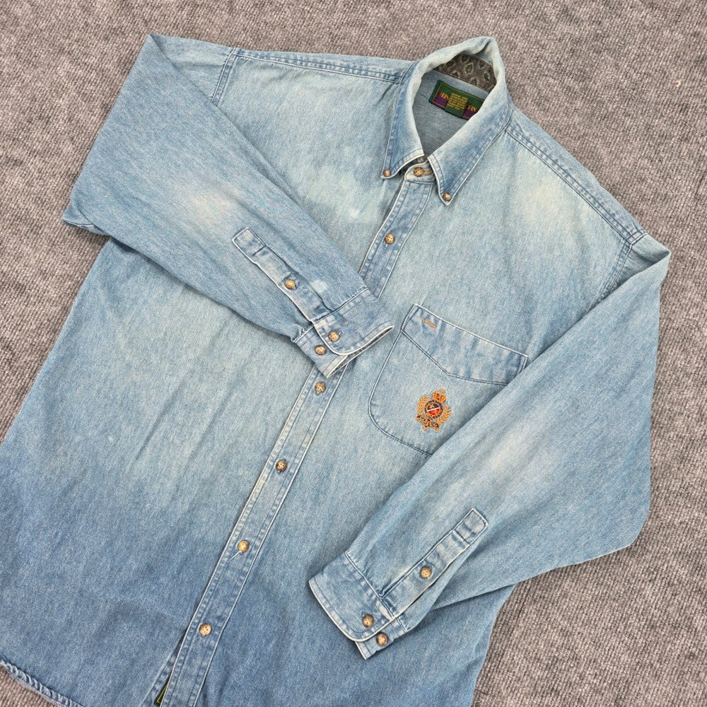 Hunting Horn Classics Mens Large Light Wash Denim Crest Button Down Shirt VTG